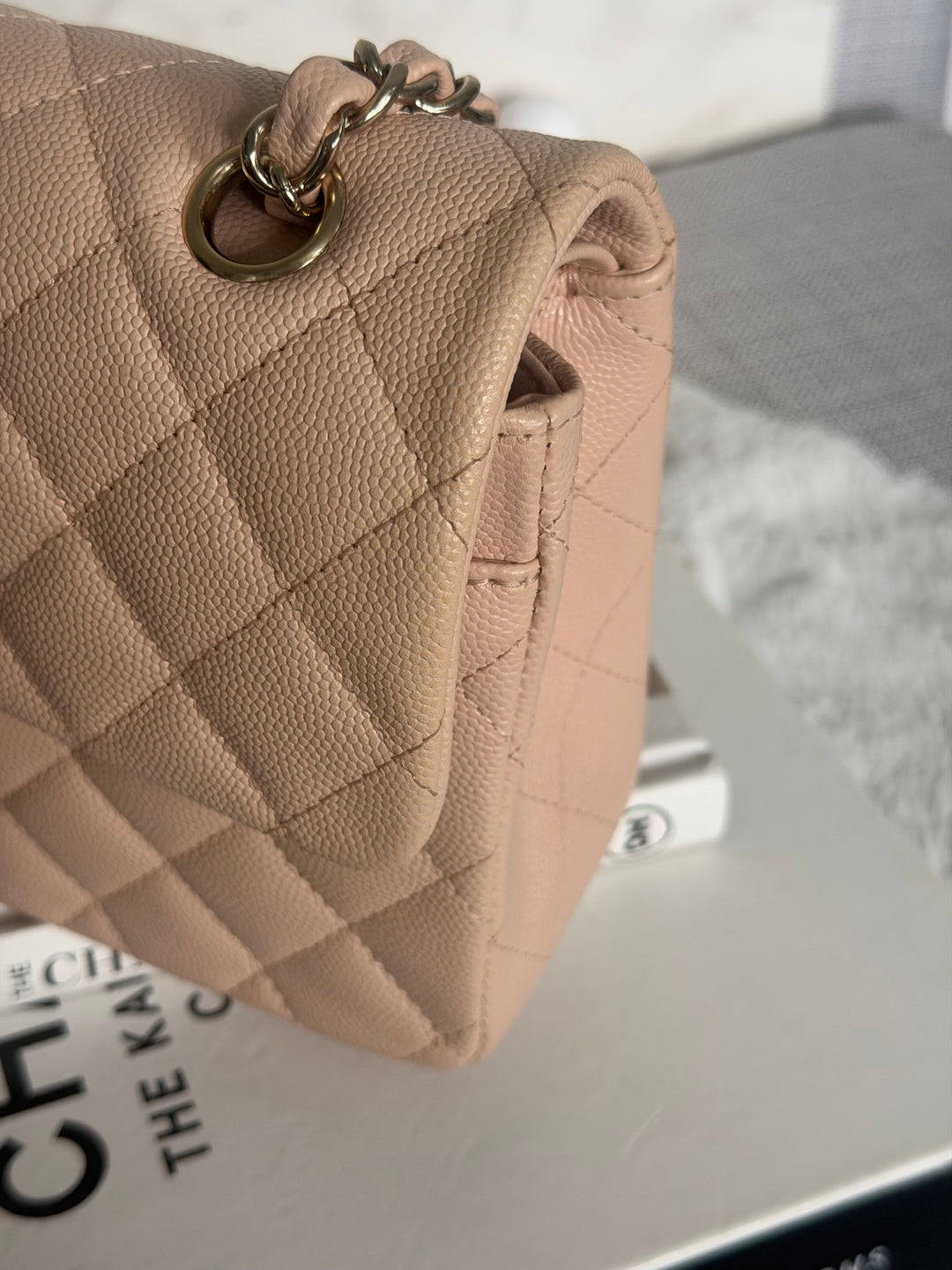 CHANEL Beige Caviar Pink Undertone 22C 2022 Small Timeless classic double flap bag with Light Gold toned hardware
