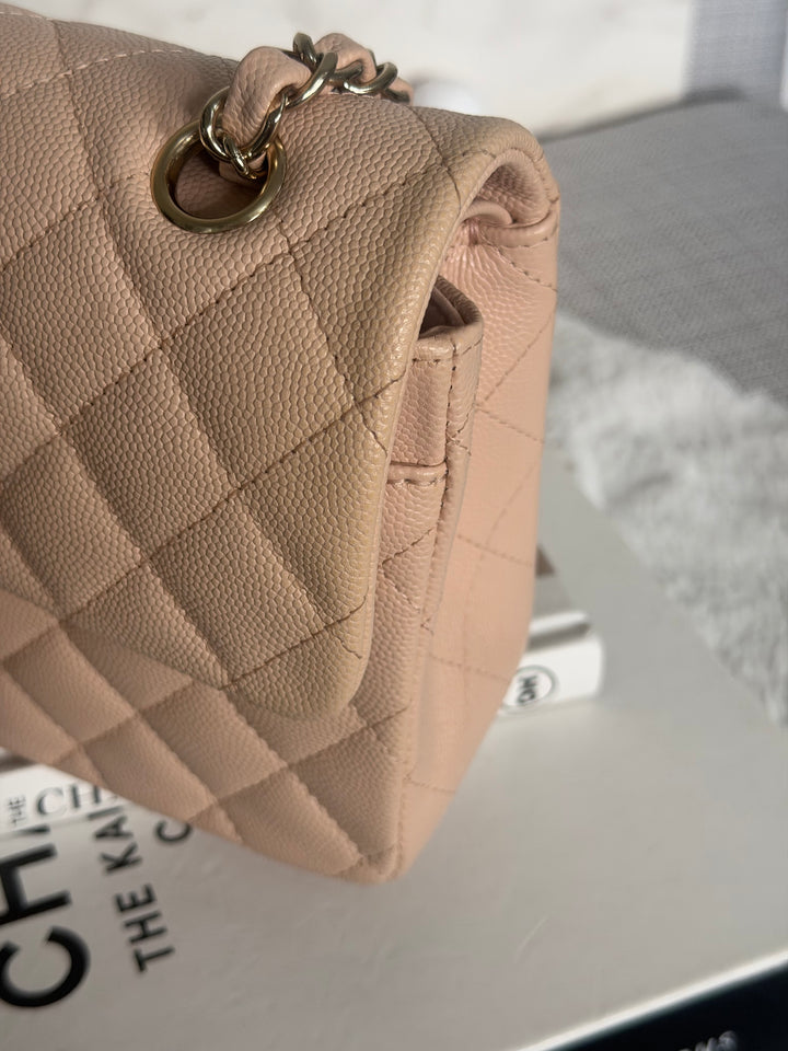CHANEL Beige Caviar Pink Undertone 22C 2022 Small Timeless classic double flap bag with Light Gold toned hardware