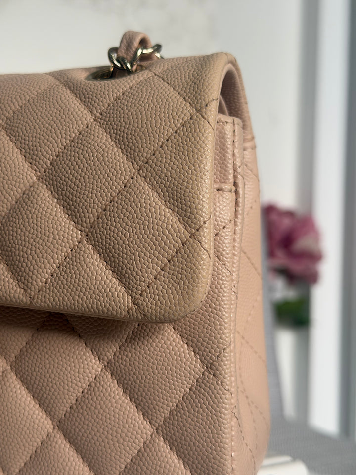 CHANEL Beige Caviar Pink Undertone 22C 2022 Small Timeless classic double flap bag with Light Gold toned hardware