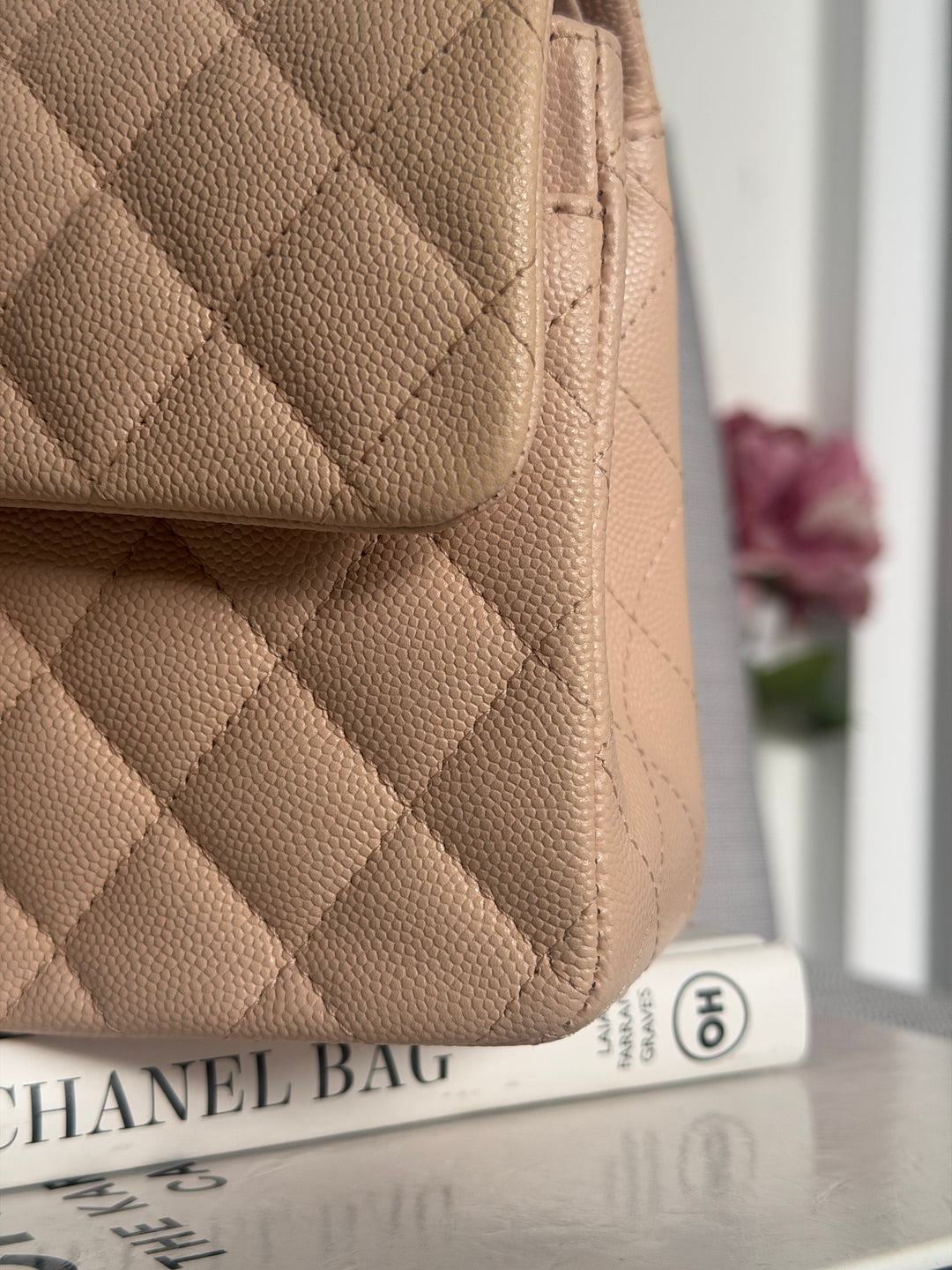 CHANEL Beige Caviar Pink Undertone 22C 2022 Small Timeless classic double flap bag with Light Gold toned hardware