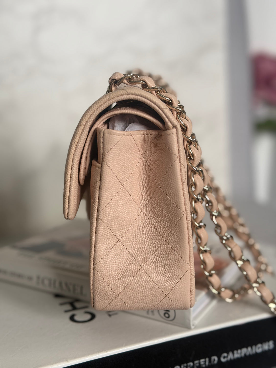 CHANEL Beige Caviar Pink Undertone 22C 2022 Small Timeless classic double flap bag with Light Gold toned hardware