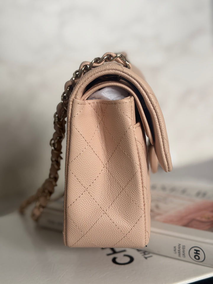 CHANEL Beige Caviar Pink Undertone 22C 2022 Small Timeless classic double flap bag with Light Gold toned hardware