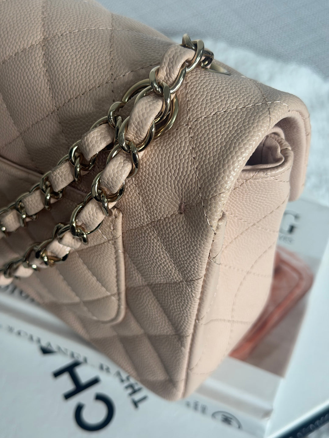 CHANEL Beige Caviar Pink Undertone 22C 2022 Small Timeless classic double flap bag with Light Gold toned hardware