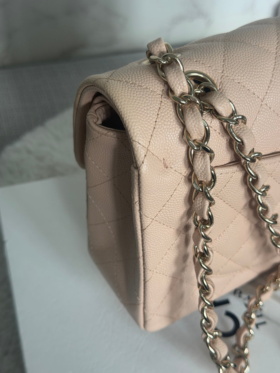 CHANEL Beige Caviar Pink Undertone 22C 2022 Small Timeless classic double flap bag with Light Gold toned hardware