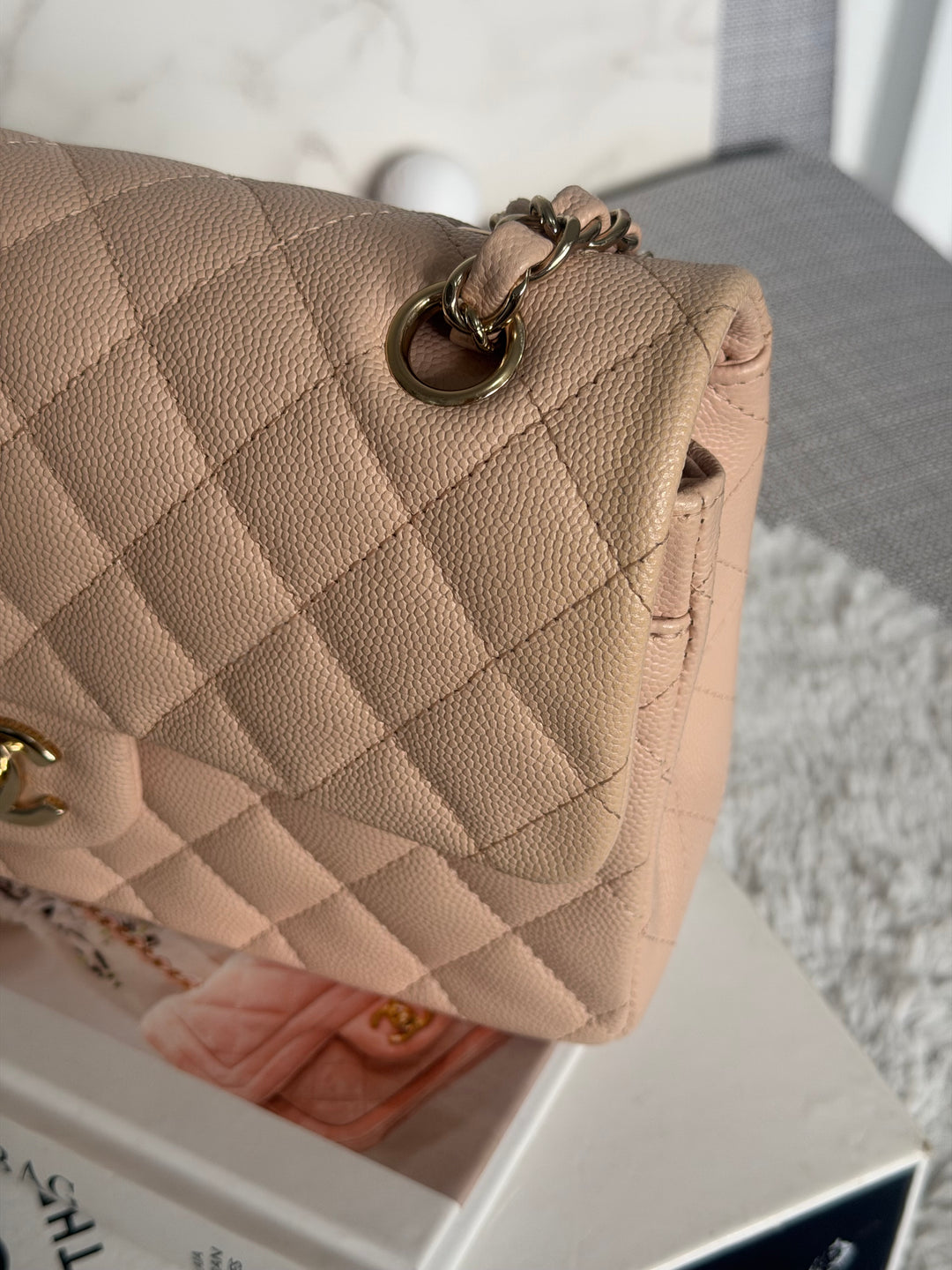 CHANEL Beige Caviar Pink Undertone 22C 2022 Small Timeless classic double flap bag with Light Gold toned hardware