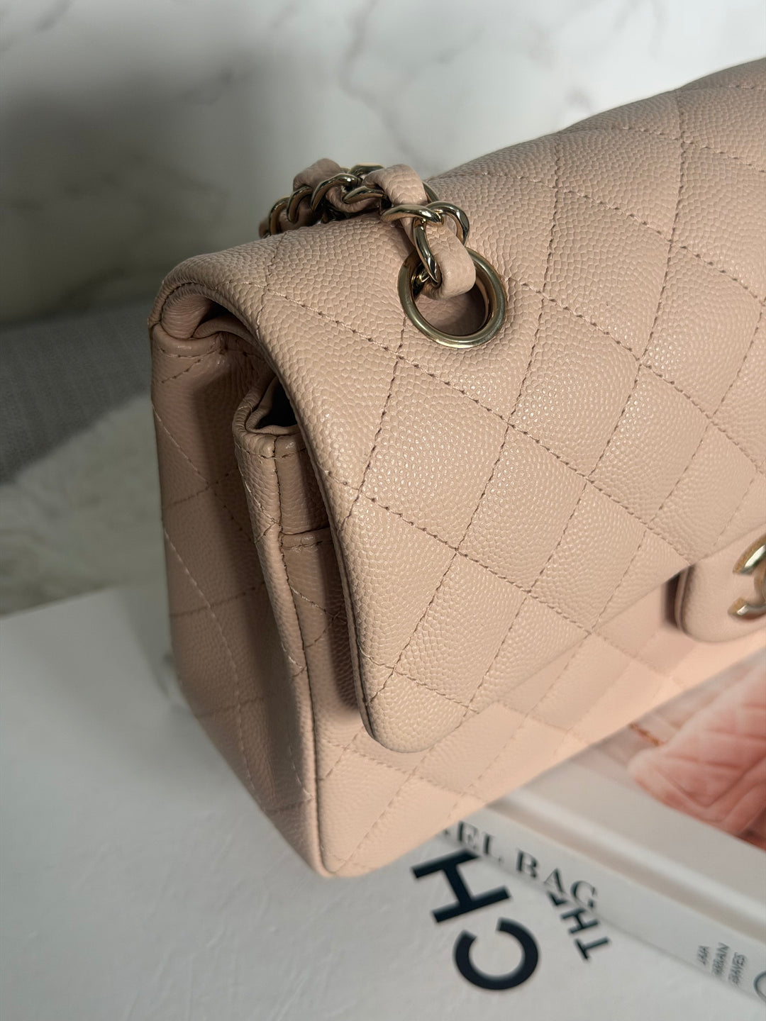 CHANEL Beige Caviar Pink Undertone 22C 2022 Small Timeless classic double flap bag with Light Gold toned hardware
