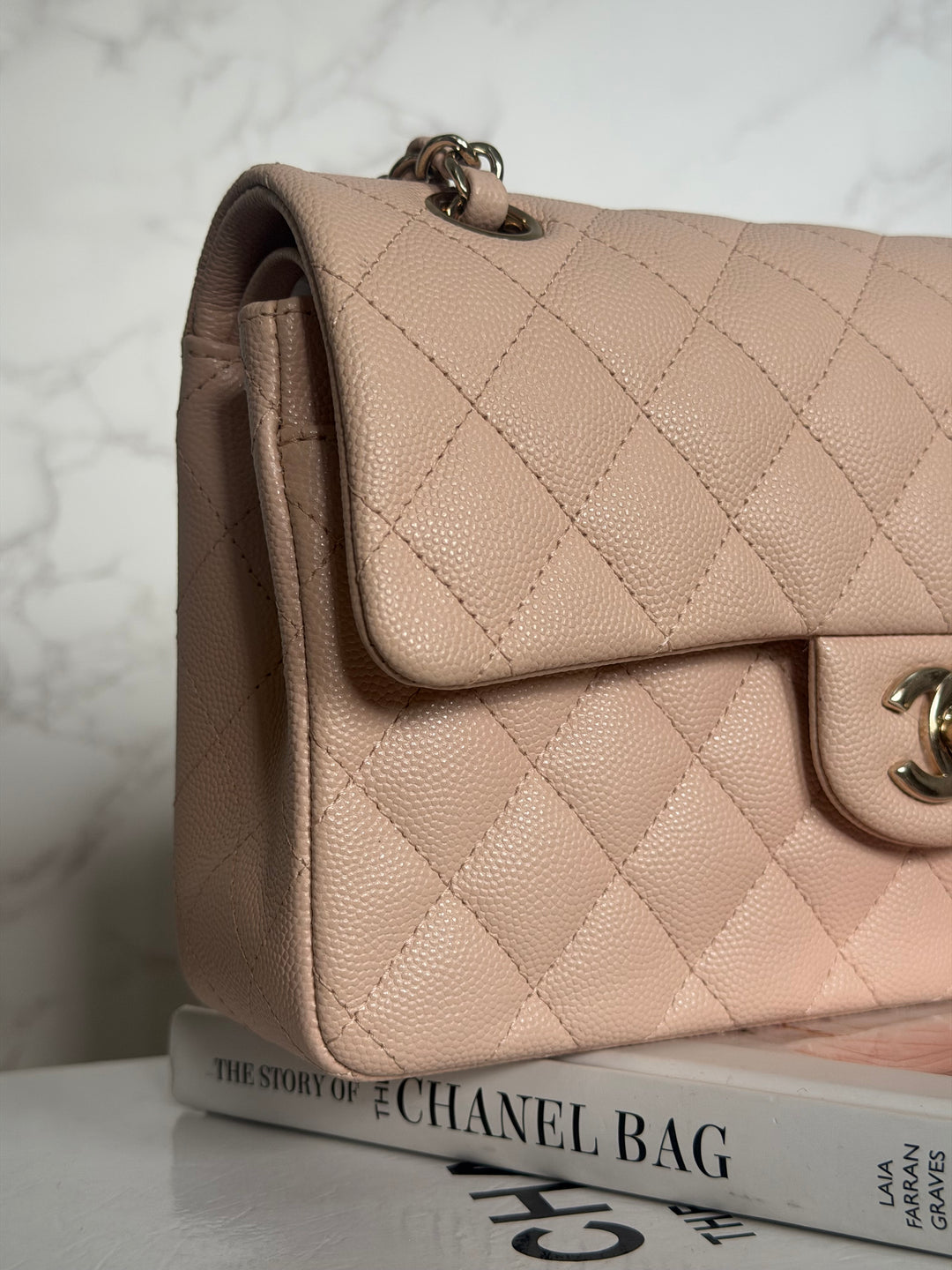 CHANEL Beige Caviar Pink Undertone 22C 2022 Small Timeless classic double flap bag with Light Gold toned hardware