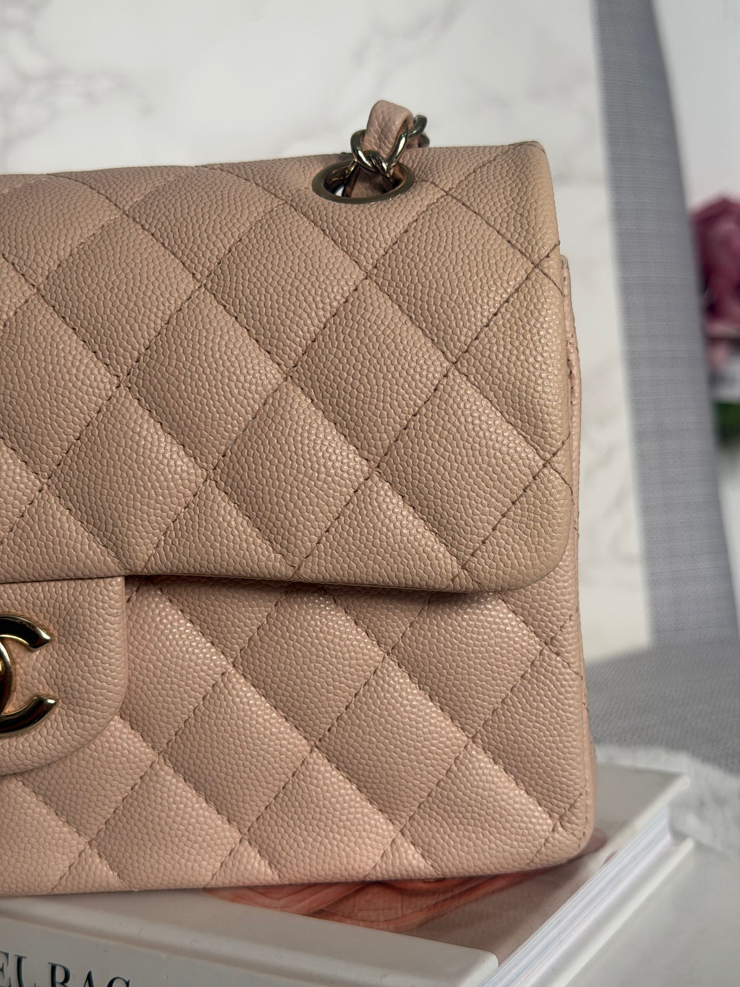 CHANEL Beige Caviar Pink Undertone 22C 2022 Small Timeless classic double flap bag with Light Gold toned hardware