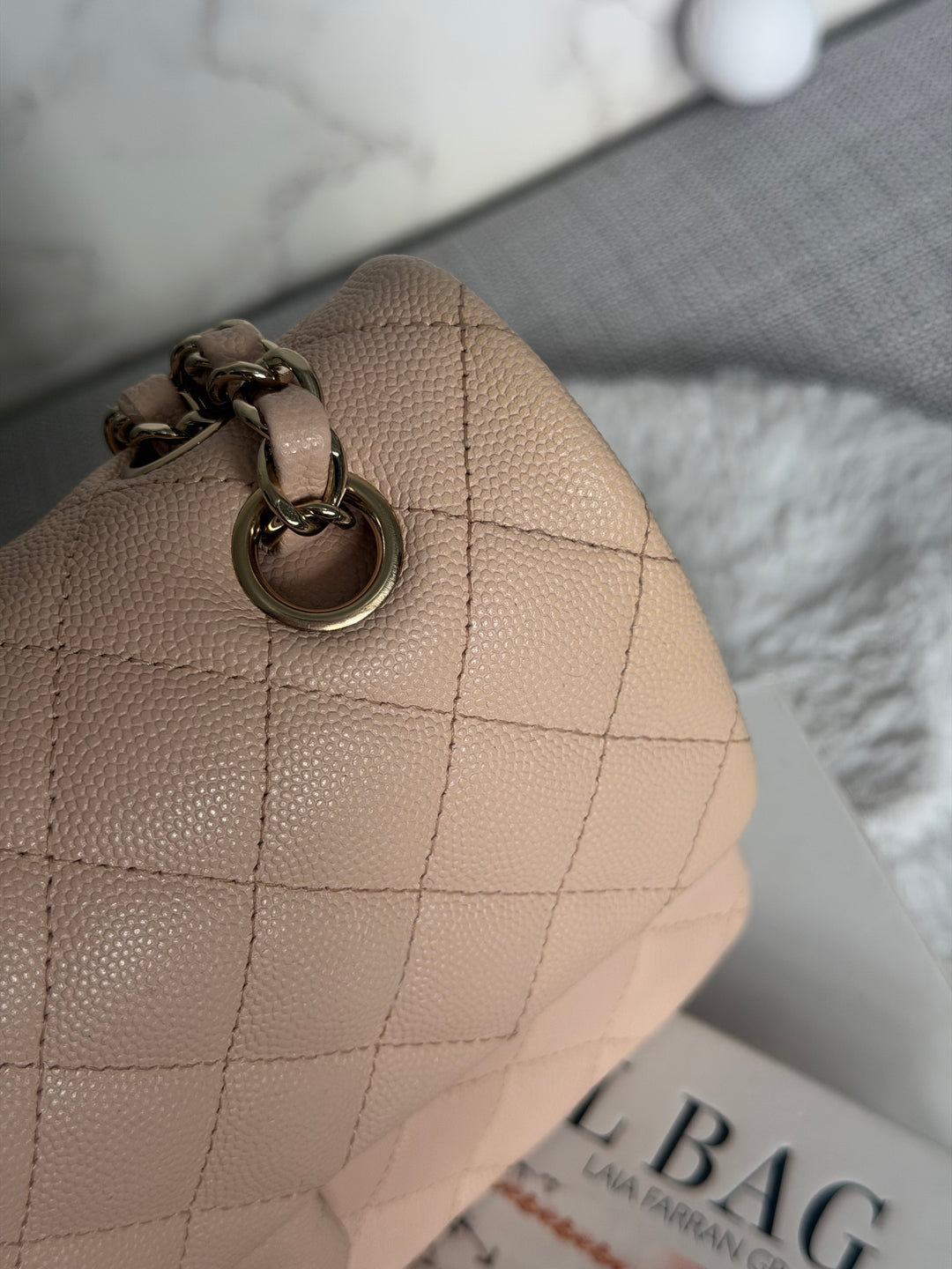 CHANEL Beige Caviar Pink Undertone 22C 2022 Small Timeless classic double flap bag with Light Gold toned hardware