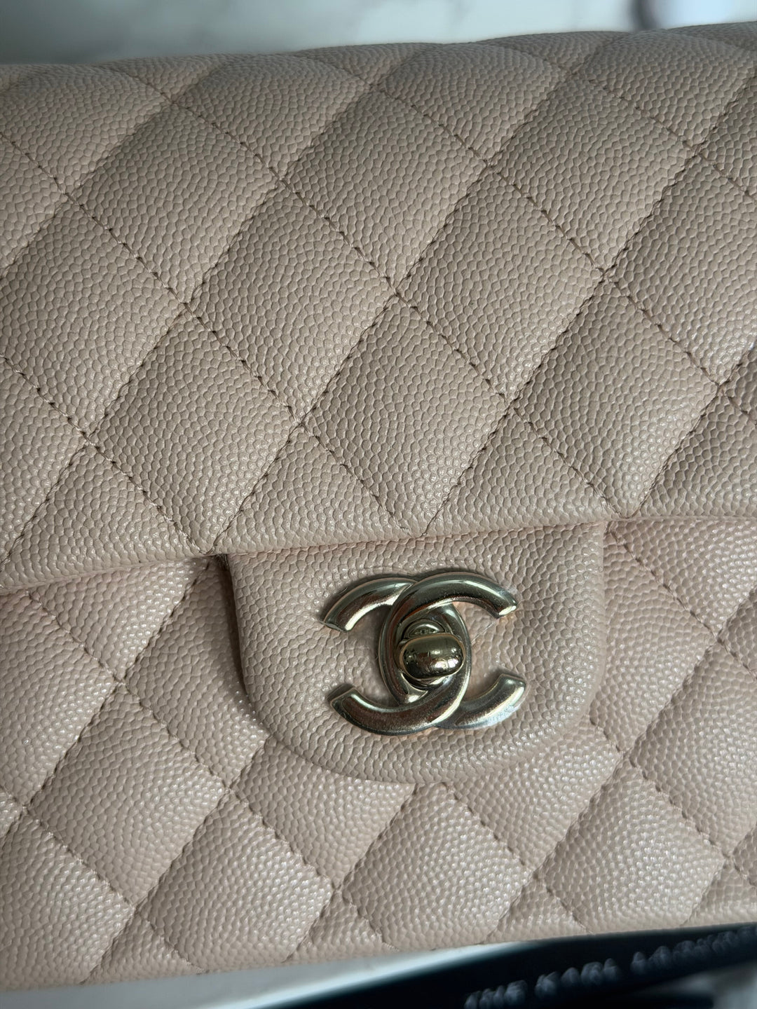 CHANEL Beige Caviar Pink Undertone 22C 2022 Small Timeless classic double flap bag with Light Gold toned hardware