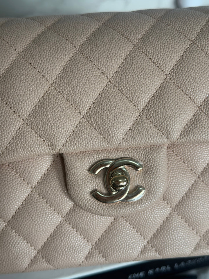 CHANEL Beige Caviar Pink Undertone 22C 2022 Small Timeless classic double flap bag with Light Gold toned hardware