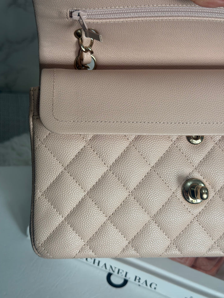 CHANEL Beige Caviar Pink Undertone 22C 2022 Small Timeless classic double flap bag with Light Gold toned hardware