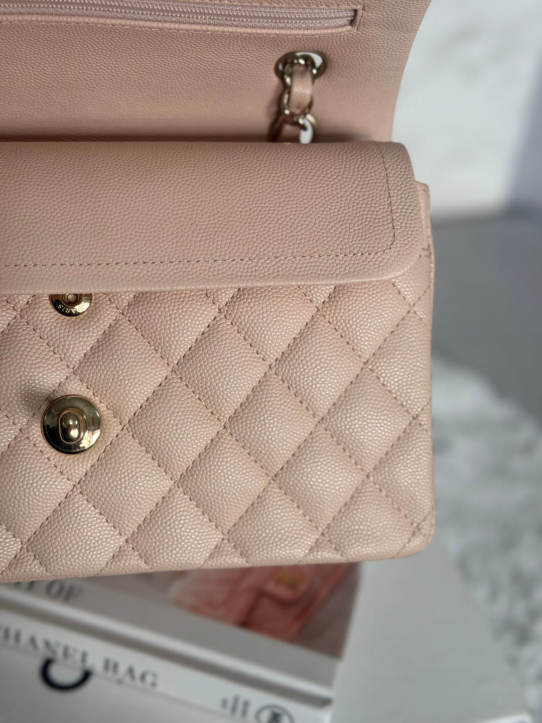 CHANEL Beige Caviar Pink Undertone 22C 2022 Small Timeless classic double flap bag with Light Gold toned hardware