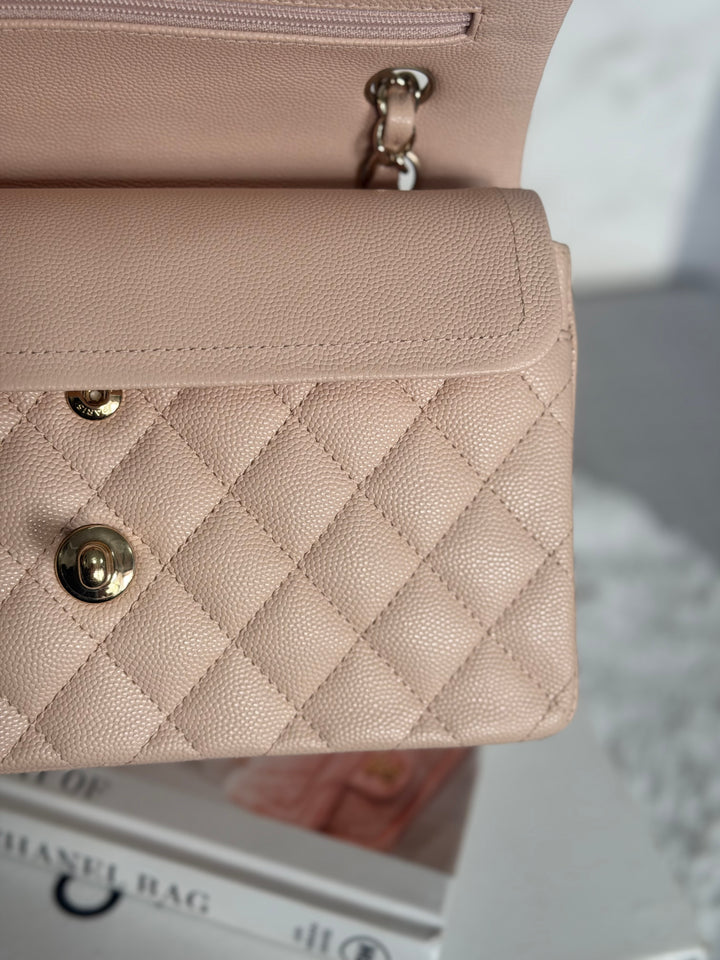 CHANEL Beige Caviar Pink Undertone 22C 2022 Small Timeless classic double flap bag with Light Gold toned hardware