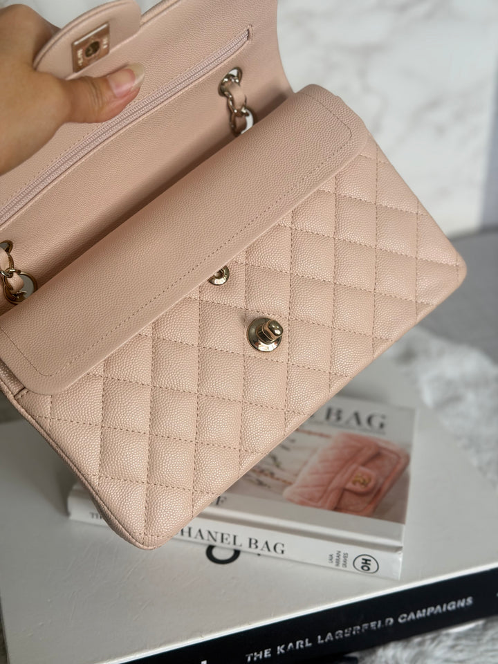 CHANEL Beige Caviar Pink Undertone 22C 2022 Small Timeless classic double flap bag with Light Gold toned hardware