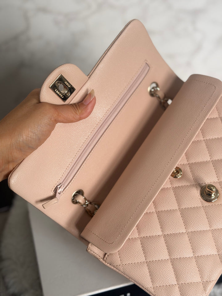 CHANEL Beige Caviar Pink Undertone 22C 2022 Small Timeless classic double flap bag with Light Gold toned hardware