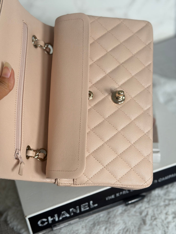 CHANEL Beige Caviar Pink Undertone 22C 2022 Small Timeless classic double flap bag with Light Gold toned hardware