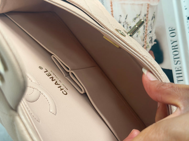 CHANEL Beige Caviar Pink Undertone 22C 2022 Small Timeless classic double flap bag with Light Gold toned hardware
