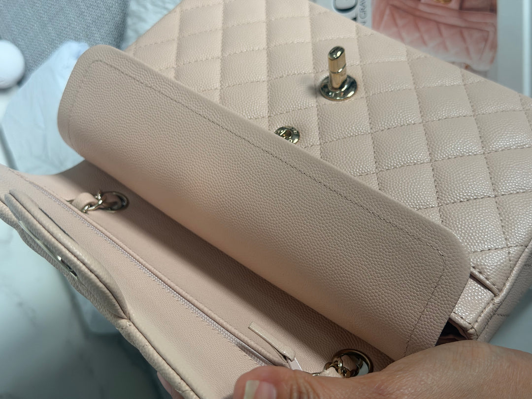 CHANEL Beige Caviar Pink Undertone 22C 2022 Small Timeless classic double flap bag with Light Gold toned hardware
