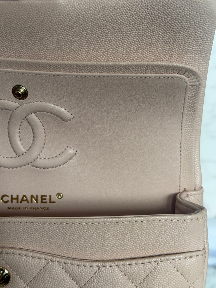 CHANEL Beige Caviar Pink Undertone 22C 2022 Small Timeless classic double flap bag with Light Gold toned hardware