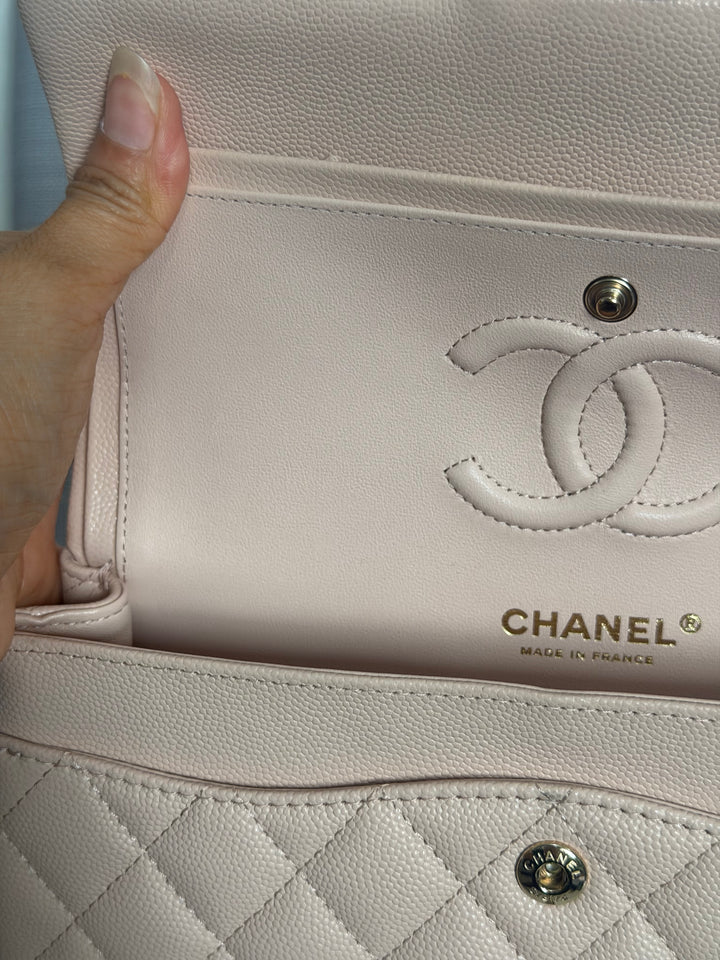 CHANEL Beige Caviar Pink Undertone 22C 2022 Small Timeless classic double flap bag with Light Gold toned hardware