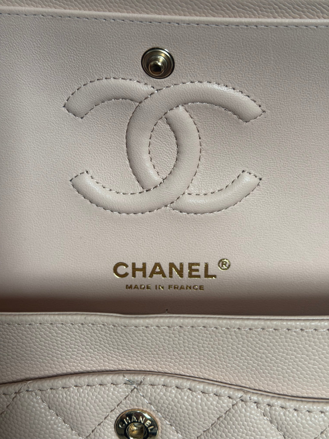 CHANEL Beige Caviar Pink Undertone 22C 2022 Small Timeless classic double flap bag with Light Gold toned hardware
