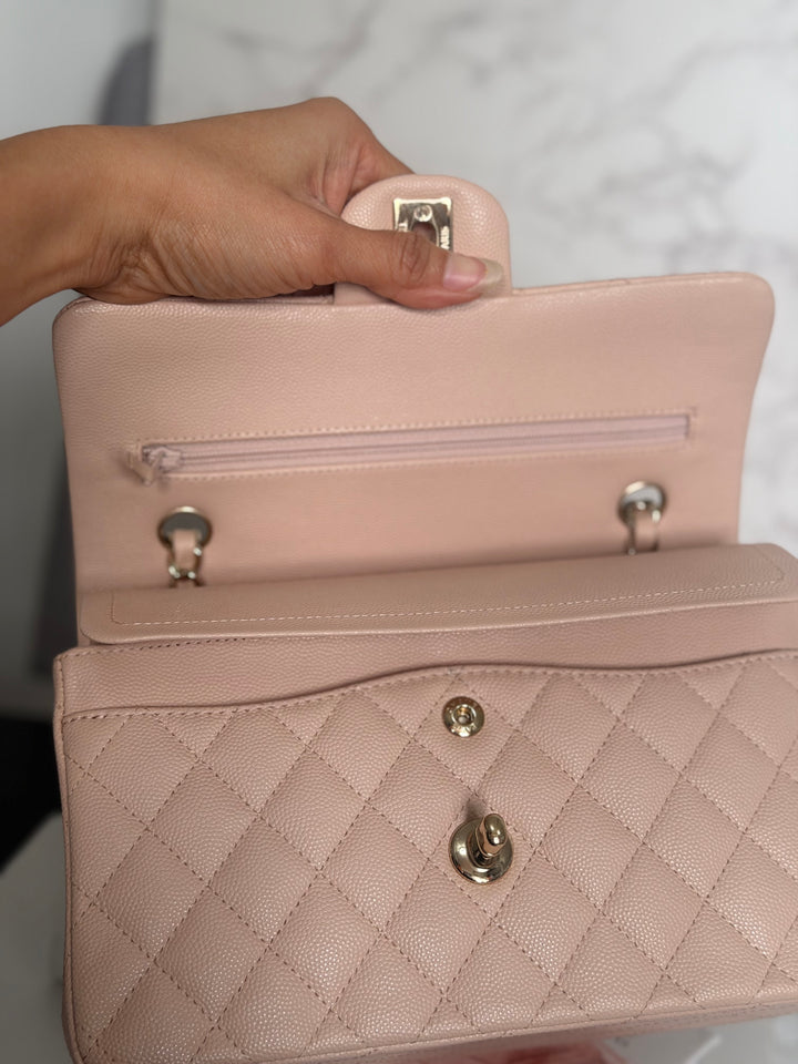 CHANEL Beige Caviar Pink Undertone 22C 2022 Small Timeless classic double flap bag with Light Gold toned hardware