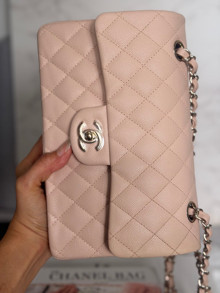 CHANEL Beige Caviar Pink Undertone 22C 2022 Small Timeless classic double flap bag with Light Gold toned hardware