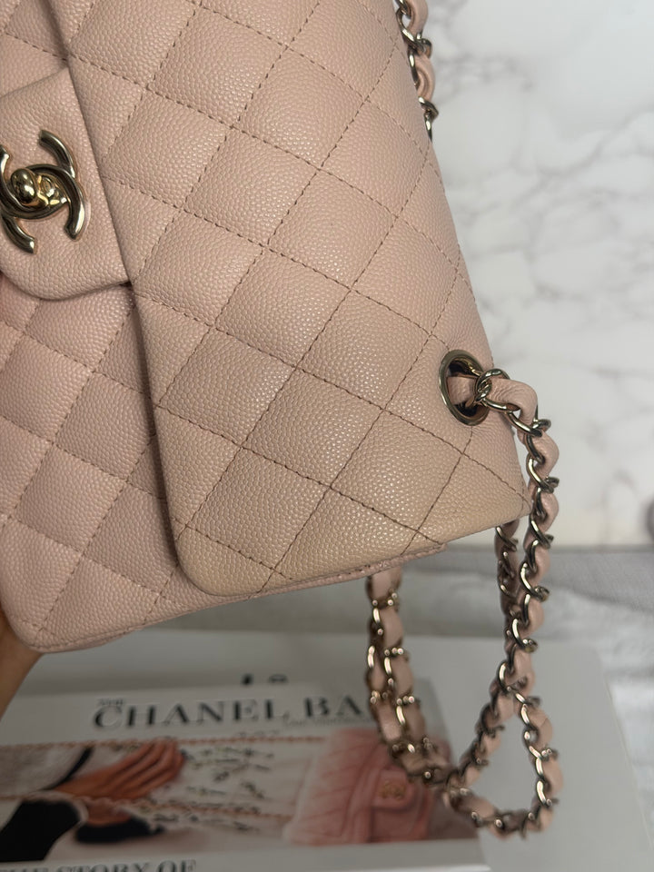 CHANEL Beige Caviar Pink Undertone 22C 2022 Small Timeless classic double flap bag with Light Gold toned hardware