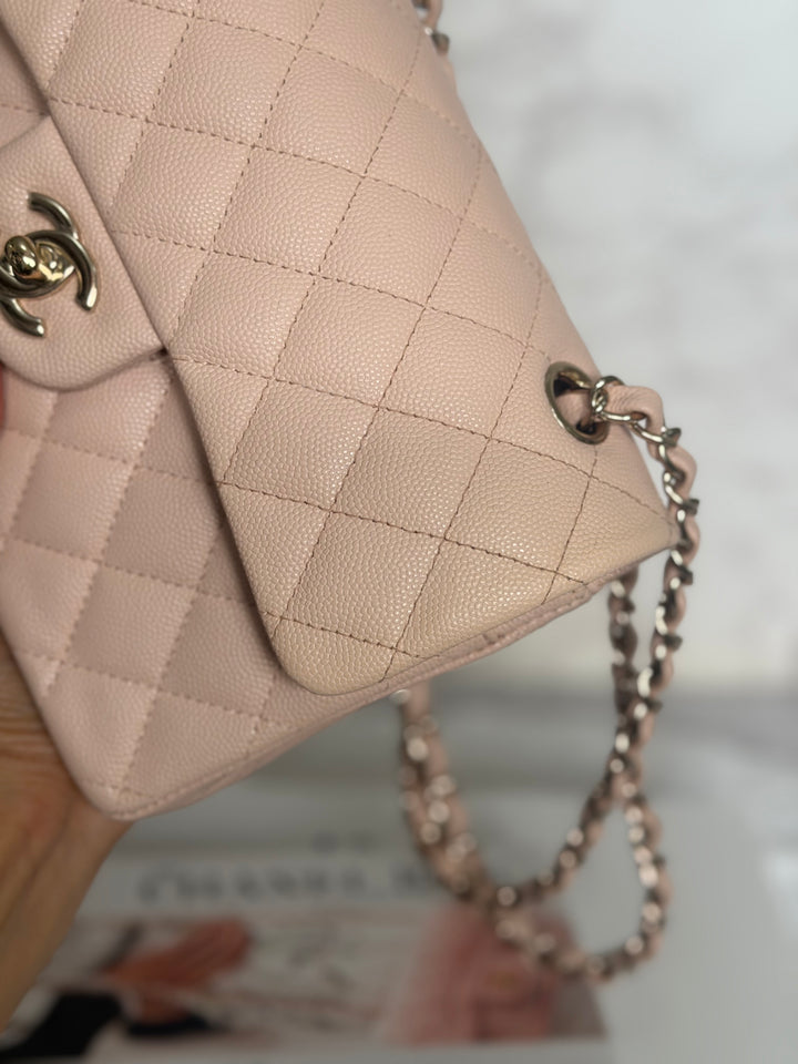 CHANEL Beige Caviar Pink Undertone 22C 2022 Small Timeless classic double flap bag with Light Gold toned hardware