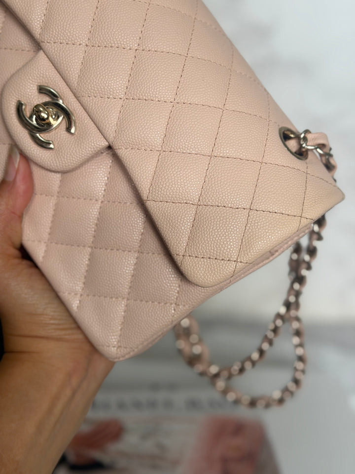 CHANEL Beige Caviar Pink Undertone 22C 2022 Small Timeless classic double flap bag with Light Gold toned hardware