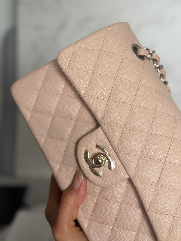 CHANEL Beige Caviar Pink Undertone 22C 2022 Small Timeless classic double flap bag with Light Gold toned hardware