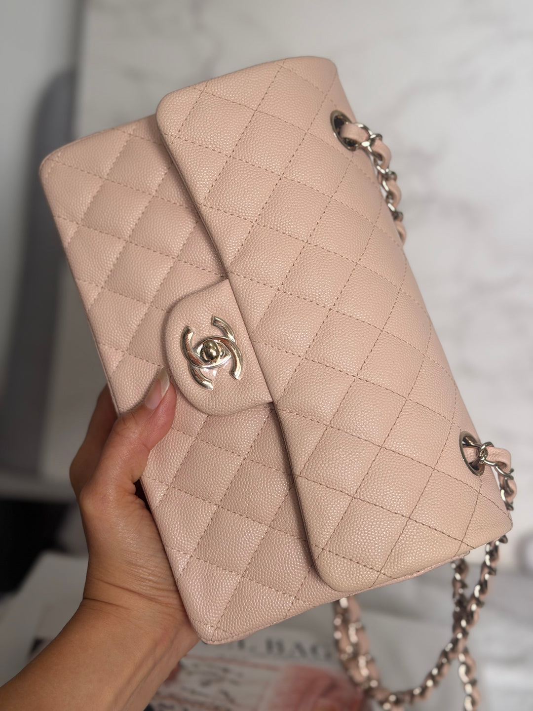 CHANEL Beige Caviar Pink Undertone 22C 2022 Small Timeless classic double flap bag with Light Gold toned hardware