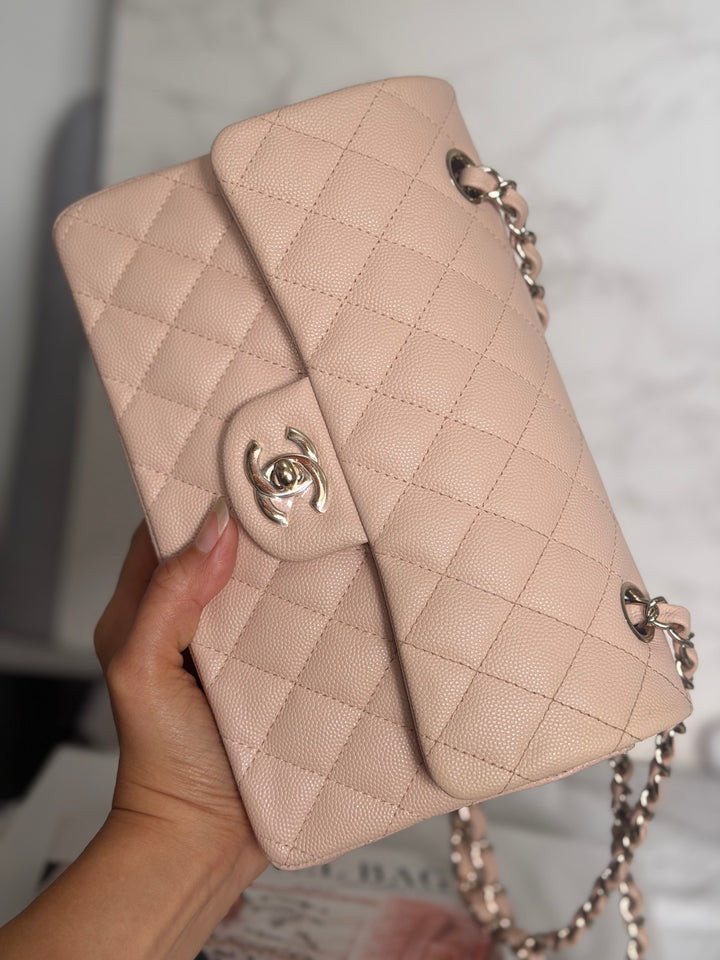 CHANEL Beige Caviar Pink Undertone 22C 2022 Small Timeless classic double flap bag with Light Gold toned hardware