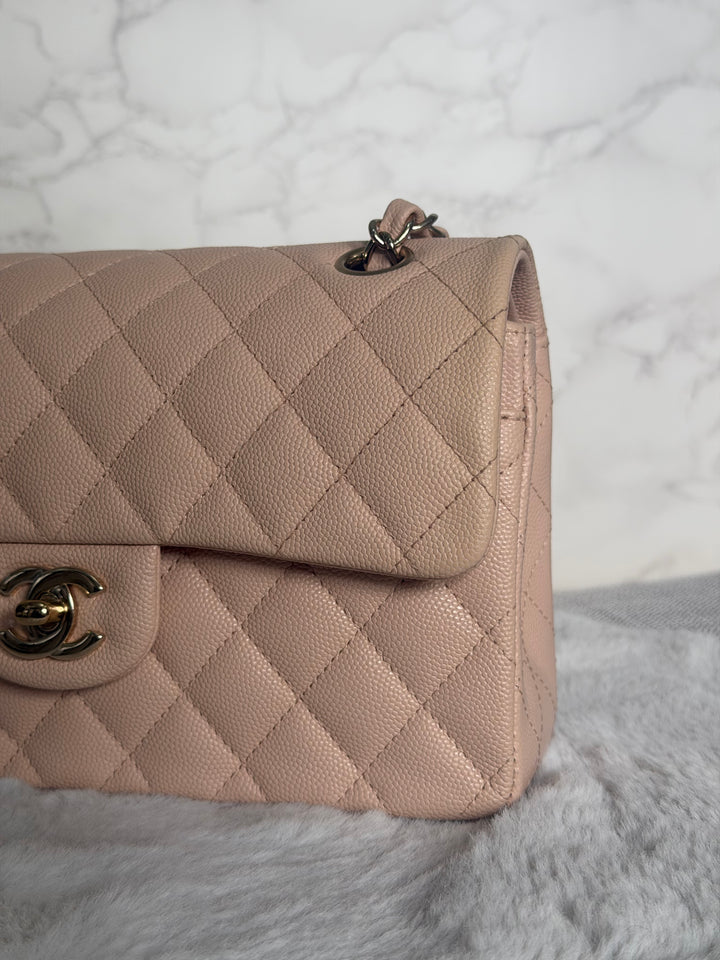 CHANEL Beige Caviar Pink Undertone 22C 2022 Small Timeless classic double flap bag with Light Gold toned hardware