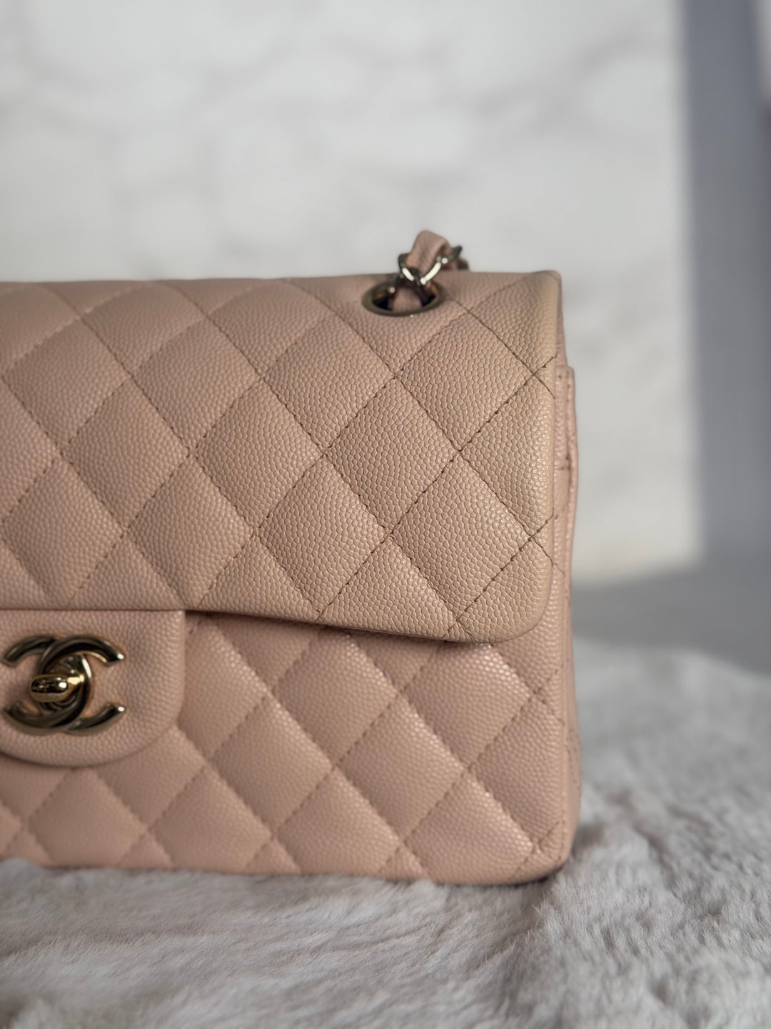 CHANEL Beige Caviar Pink Undertone 22C 2022 Small Timeless classic double flap bag with Light Gold toned hardware
