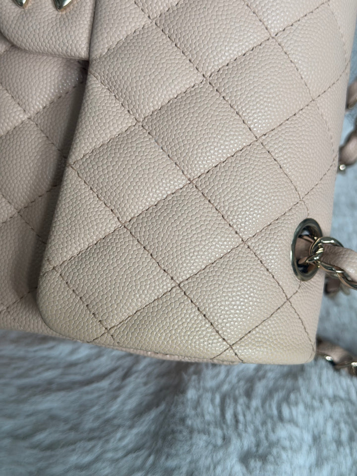 CHANEL Beige Caviar Pink Undertone 22C 2022 Small Timeless classic double flap bag with Light Gold toned hardware