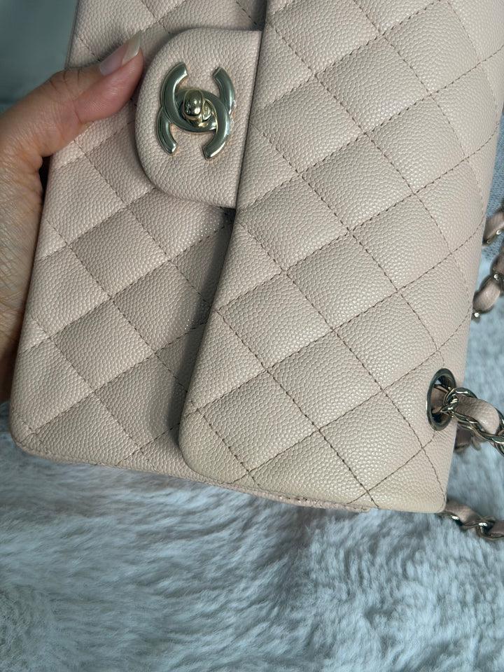 CHANEL Beige Caviar Pink Undertone 22C 2022 Small Timeless classic double flap bag with Light Gold toned hardware