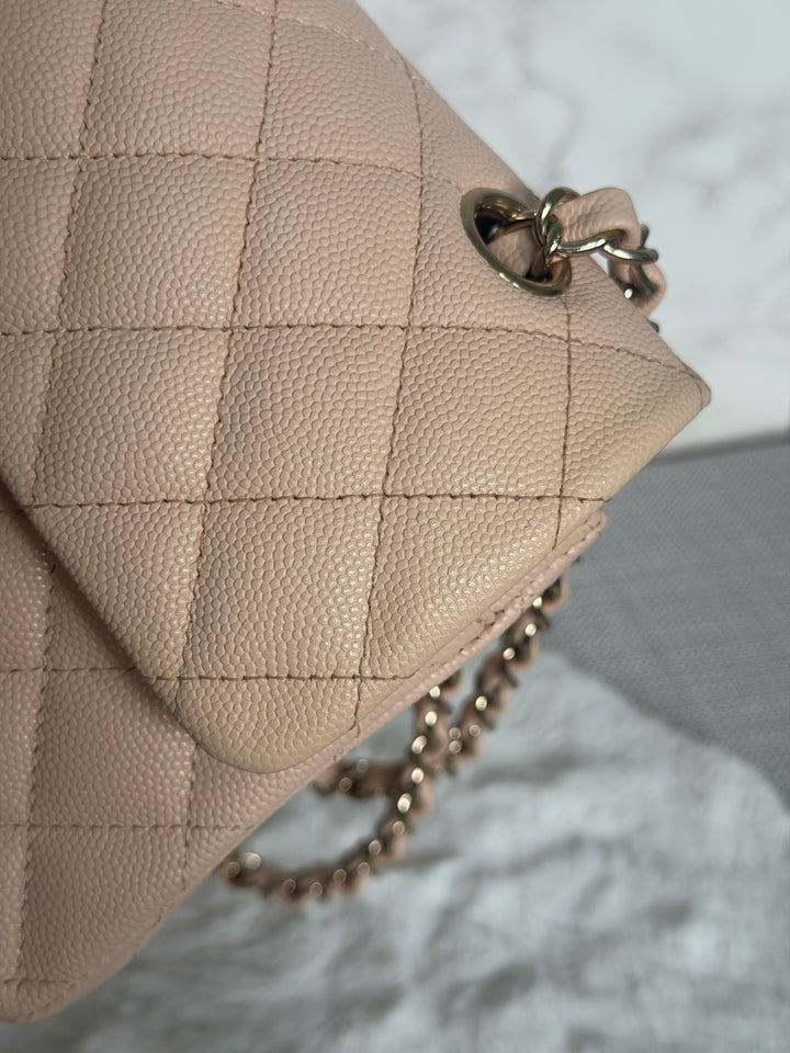 CHANEL Beige Caviar Pink Undertone 22C 2022 Small Timeless classic double flap bag with Light Gold toned hardware