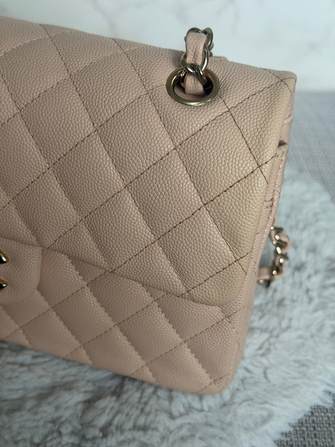 CHANEL Beige Caviar Pink Undertone 22C 2022 Small Timeless classic double flap bag with Light Gold toned hardware