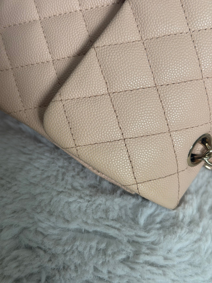 CHANEL Beige Caviar Pink Undertone 22C 2022 Small Timeless classic double flap bag with Light Gold toned hardware