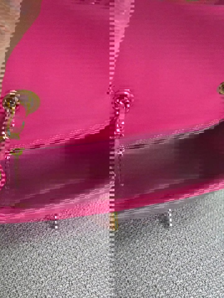 Chanel series 21 Barbie Pink Lambskin Chevron Mini Rectangular Flap Bag with Yellow GHW