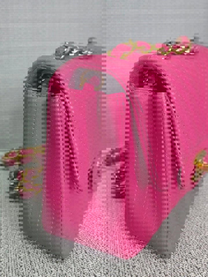 Chanel series 21 Barbie Pink Lambskin Chevron Mini Rectangular Flap Bag with Yellow GHW