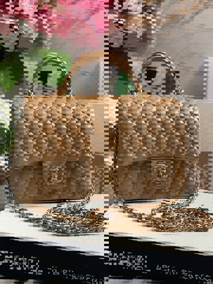 Chanel 22B 2022 Fall/Winter collection Dark Beige Lambskin Top Handle with gold metal plate and antique GHW Mini Rectangular Flap bag