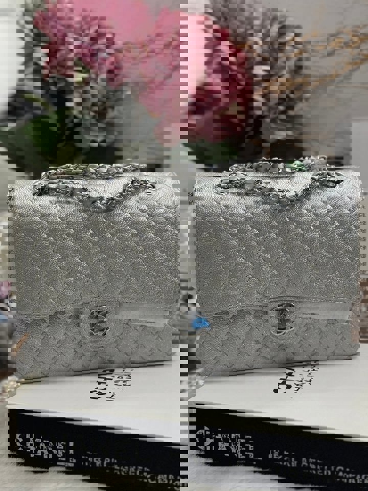Chanel 21K 2021 Fall/Winter collection Glitter Iridescent Silver caviar SHW Medium ML 11.12 Timeless Classic Double Flap Bag