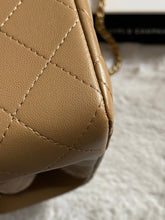 Load image into Gallery viewer, Chanel 22B 2022 Fall/Winter collection Dark Beige Lambskin Top Handle with gold metal plate and antique GHW Mini Rectangular Flap bag
