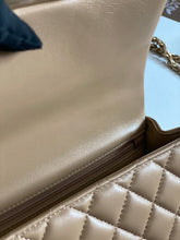 Load image into Gallery viewer, Chanel 22B 2022 Fall/Winter collection Dark Beige Lambskin Top Handle with gold metal plate and antique GHW Mini Rectangular Flap bag

