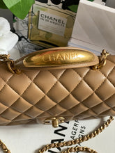 Load image into Gallery viewer, Chanel 22B 2022 Fall/Winter collection Dark Beige Lambskin Top Handle with gold metal plate and antique GHW Mini Rectangular Flap bag
