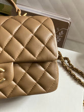 Load image into Gallery viewer, Chanel 22B 2022 Fall/Winter collection Dark Beige Lambskin Top Handle with gold metal plate and antique GHW Mini Rectangular Flap bag
