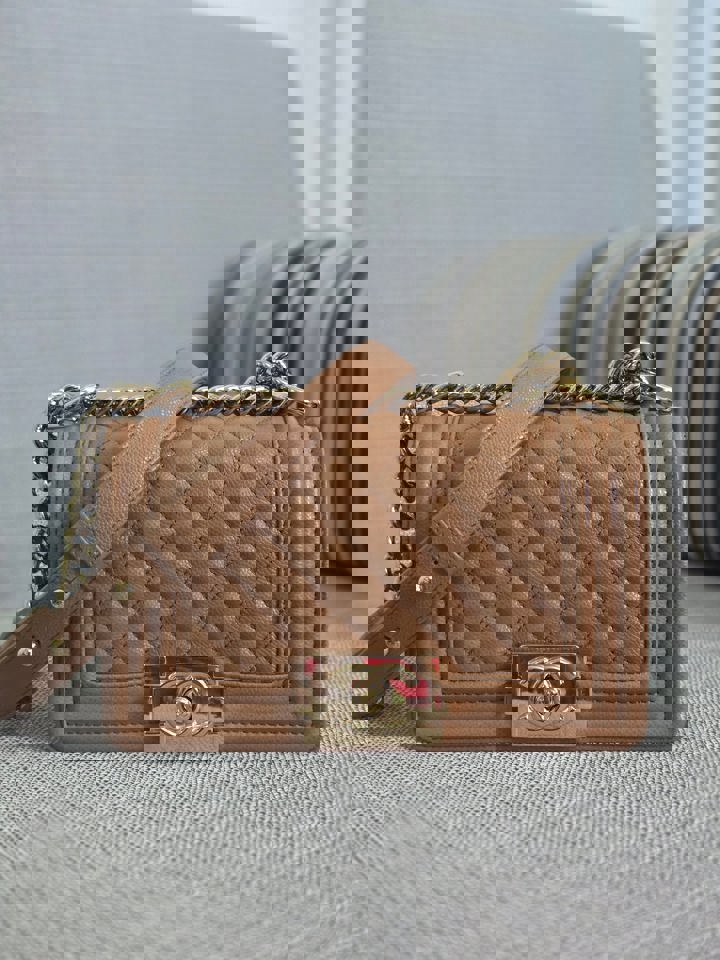 Chanel 21K 2021 Fall/Winter Collection Caramel Brown Caviar shiny champagne GHW Small Le Boy Flap Bag